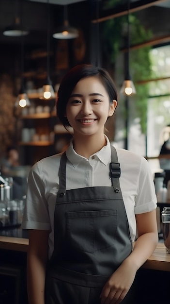 Smiling asian female Baristas against cozy modern coffee shop atmosphere background