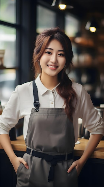 Smiling asian female Baristas against cozy modern coffee shop atmosphere background