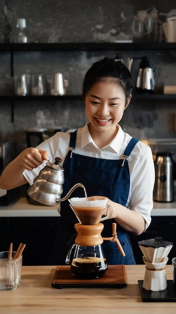 Photo smiling asian girl barista pouring hot water from kettle brewing filter coffee standing behind coun