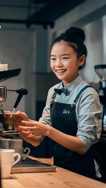 Photo smiling asian girl barista working in cafe brewing coffee v preparing order behind counter