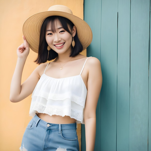 Photo smiling asian model happily dressed in summer clothes and wearing a straw hat