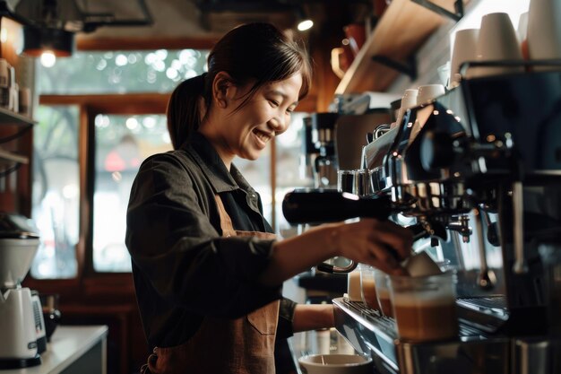 Photo smiling asian woman making cappuccino in a coffee shop side view of happy female barista using a cof