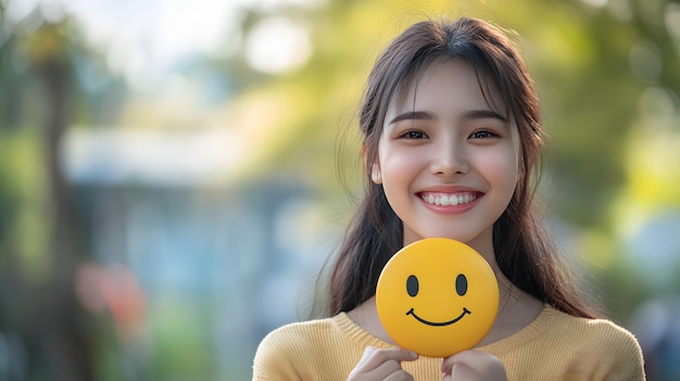 Photo smiling asian woman with emoji face joyful expression concept