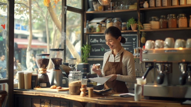 A smiling barista in an apron holds a cup of coffee and a paper in a warmly lit coffee shop