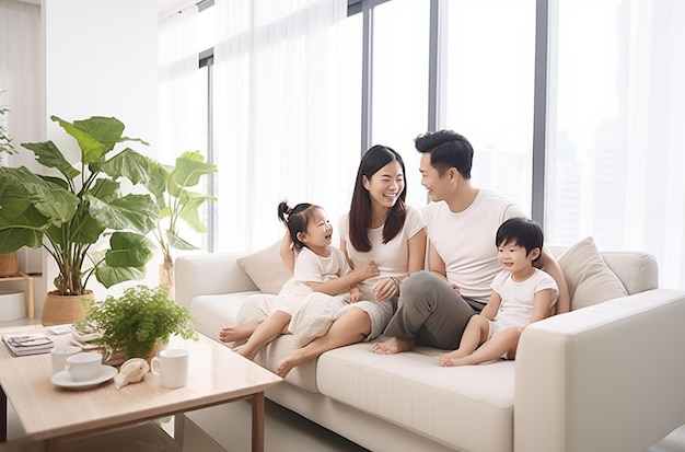 Photo a smiling family of four sitting on a couch enjoying time together in a bright plantfilled room