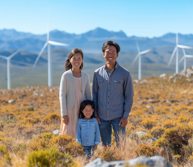 Photo a smiling family portrait with a summer day in the wind turbines harvest clean energy a vast field ai