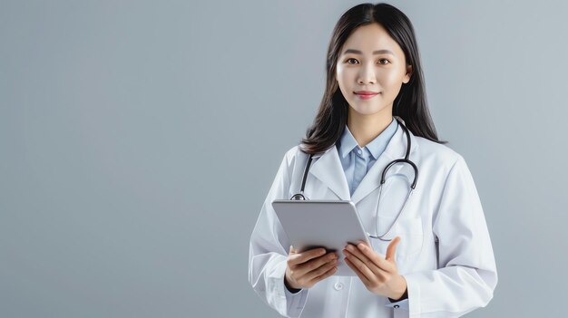 Photo smiling female doctor with stethoscope using a tablet