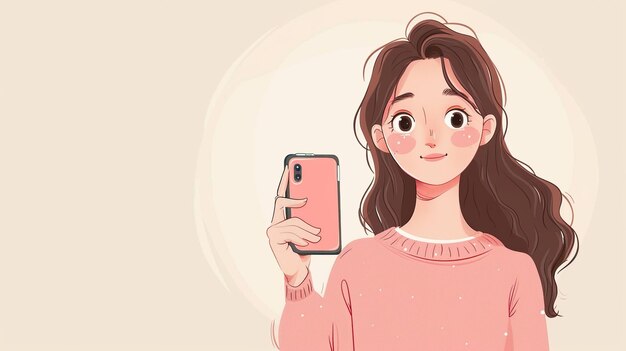 Photo smiling girl holding a pink phone