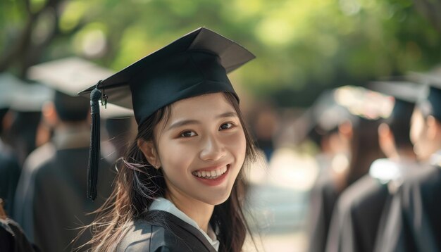 Photo smiling graduate woman in cap and gown at outdoor ceremony