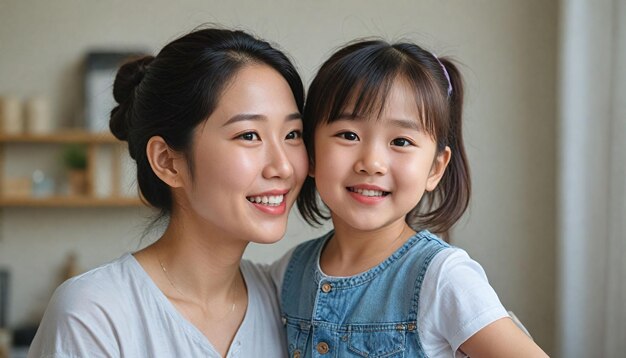 Photo smiling mother and daughter posing indoors