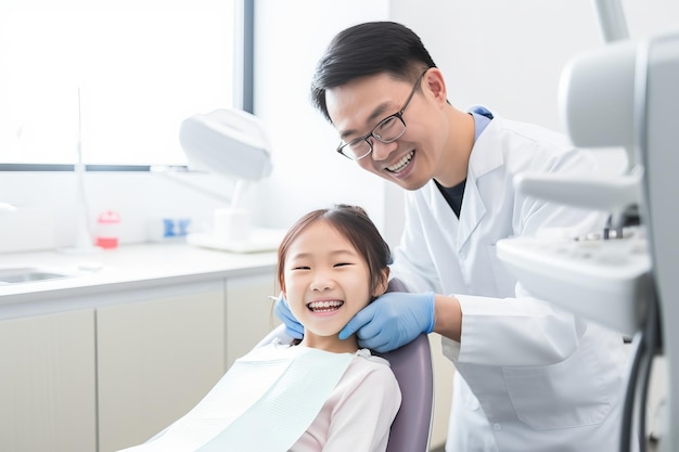 Photo smiling pediatric dentist with a young patient in dental clinic professional stomatology for kid