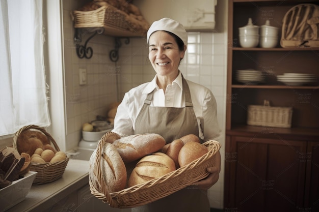 Photo smiling spanish female baker standing in home kitchen holding bread in basket generative ai aig21