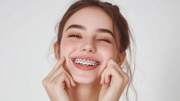 Smiling Woman with Braces Cleaning Teeth Using Dental Floss