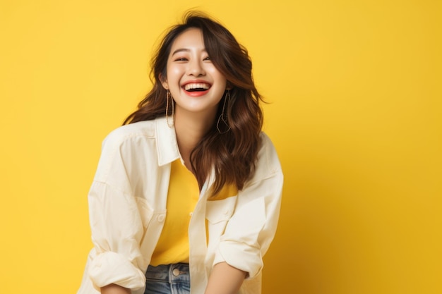 Photo smiling woman in yellow shirt