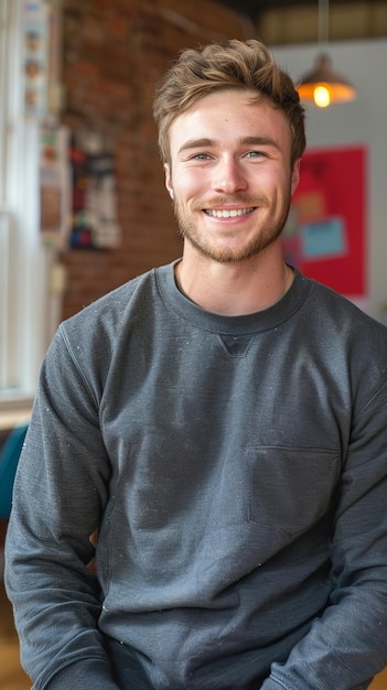 Smiling Young Man Wearing Grey Sweatshirt in a Modern Office Setting