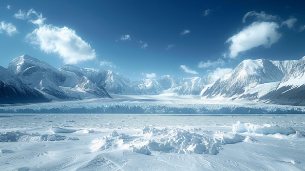 Photo a snow covered landscape with mountains in the distance and a sky full of clouds generative ai