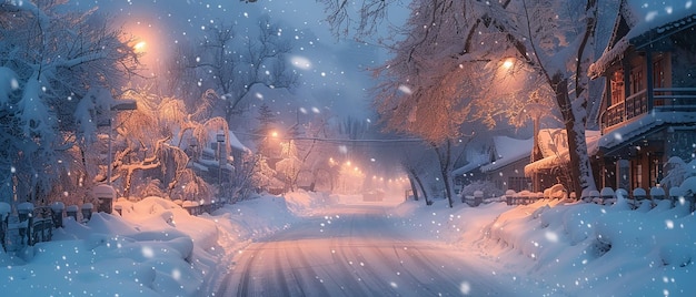 SnowCovered Village with Ice Flowers and Orange Street Lamps