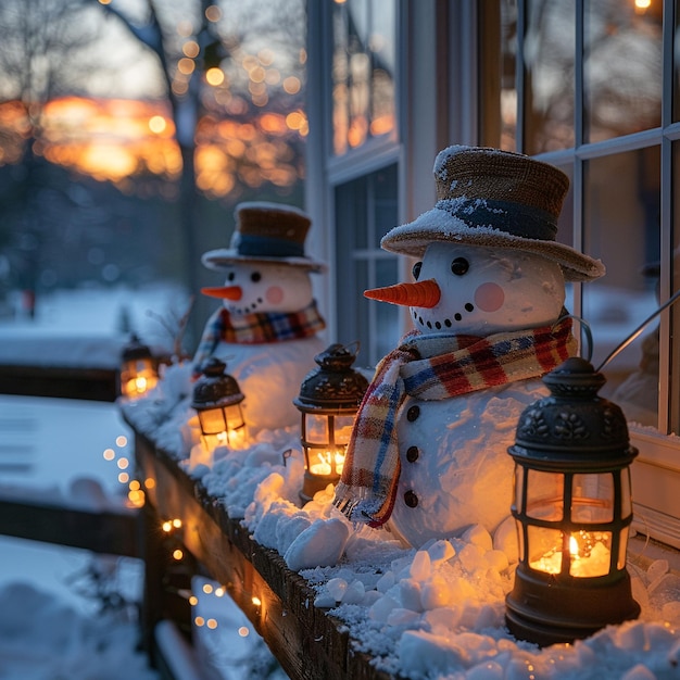 Photo snowmen outside at night