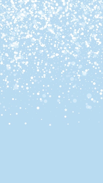 Snowy christmas background Subtle flying snow flakes and stars on light blue winter backdrop Delicate sweet snowy christmas Vertical vector illustration