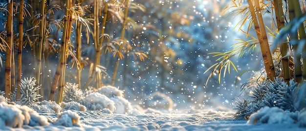 Snowy Peaceful Garden with Bamboo