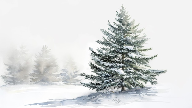 Snowy Pine Tree in Watercolor Style on White Background