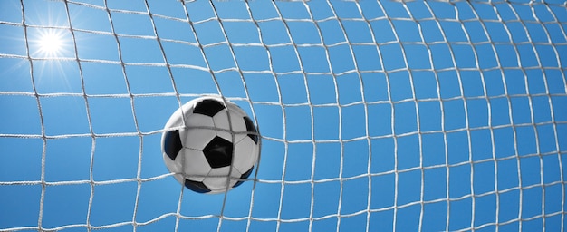 Soccer ball in the net of a goal. Soccer concept