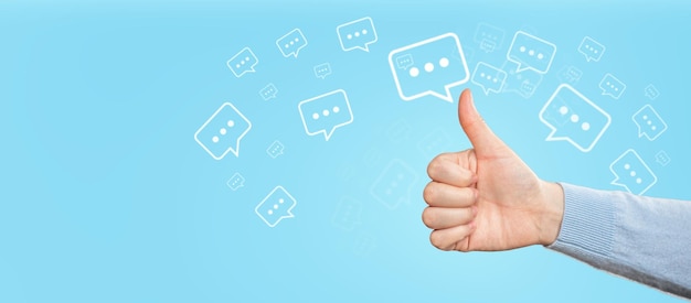 Photo social network and feedback concept send message with my finger talk or comment sign symbol on blue