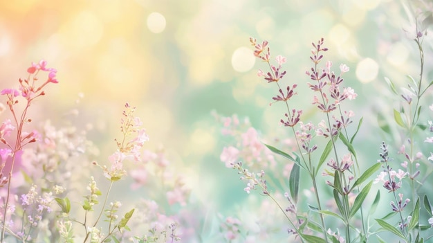 Photo soft pastel nature scene create a nature scene featuring botanical elements like flowers and leaves in soft pastel colors such as lavender mint green and blush pink use soft diffused lighting to