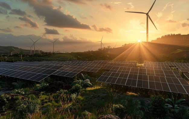 Photo a solar farm with a sunset in the background