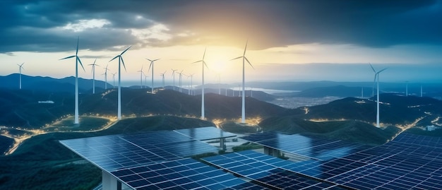 Photo a solar farm with wind turbines in the background.