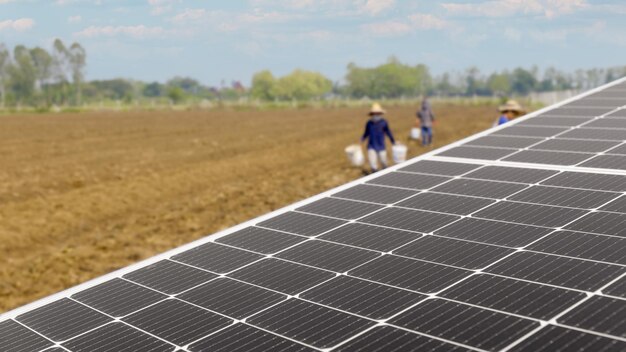 Photo solar panel for waterpump and farmer in agricultural field