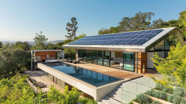 Photo solar panels on the roof of a beautiful modern home renewable energy for the home concept