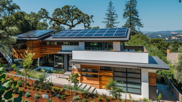 Photo solar panels on the roof of a beautiful modern home renewable energy for the home concept