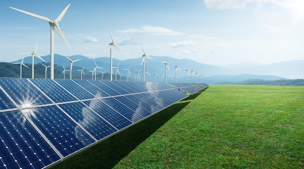 Photo solar panels and wind generators under blue sky