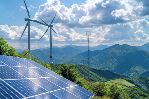 Photo solar panels and wind turbines against mountain landscape