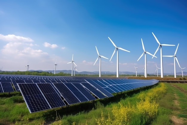 Solar panels and wind turbines in a solar power plant alternative electricity source Solar panels and wind turbines generate electricity AI Generated