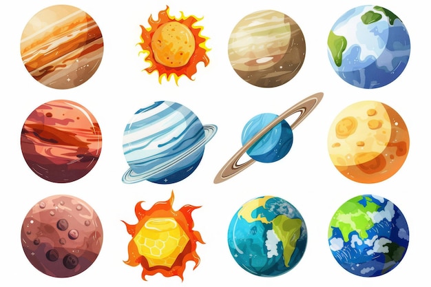 Photo solar system planets moon sun and comet icons isolated on white background ice uranus neptune pluto rocky mercury venus and earth mars illustration on white background