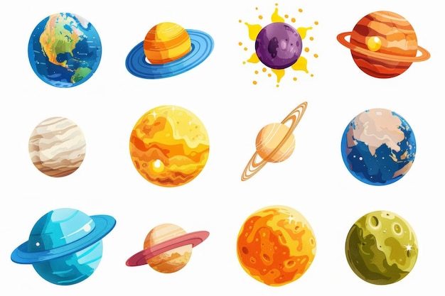 Photo solar system planets moon sun and comet icons isolated on white background ice uranus neptune pluto rocky mercury venus and earth mars illustration on white background