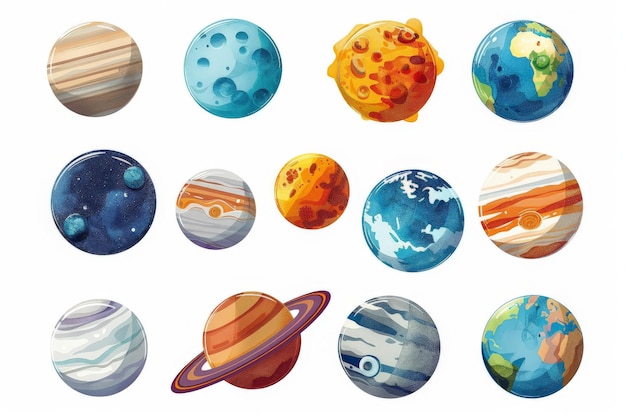 Photo solar system planets moon sun and comet icons isolated on white background ice uranus neptune pluto rocky mercury venus and earth mars illustration on white background