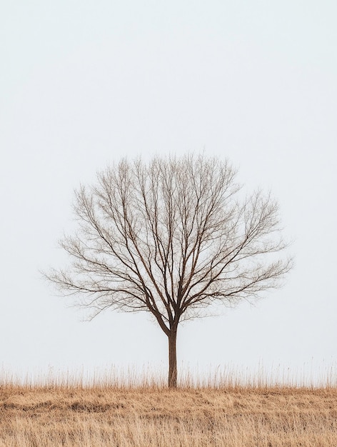 Foto albero nudo solitario in un paesaggio minimalista con cielo morbido