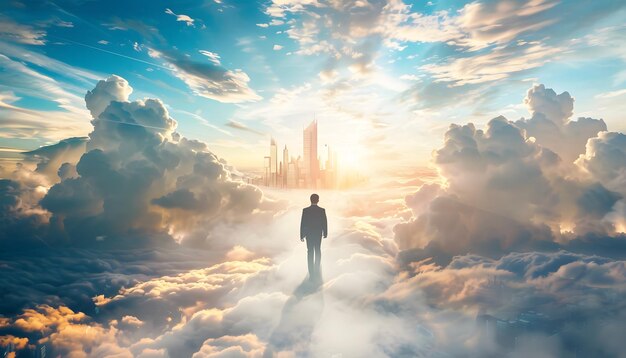 Photo a solitary figure stands amidst clouds gazing at a luminous city skyline evoking themes of hope and aspiration in a dreamlike setting