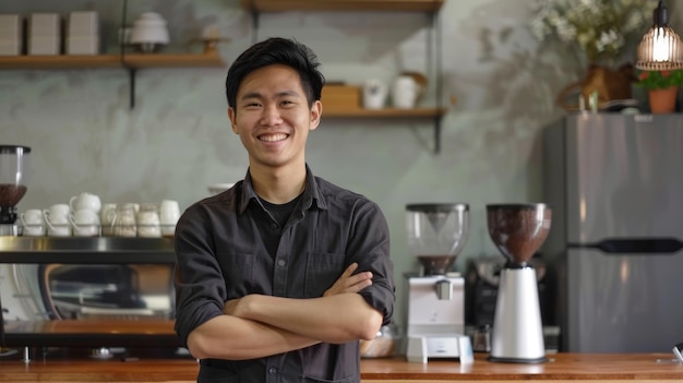 Photo the southeast asian owner of the small coffee shop business smiled and crossed his arms