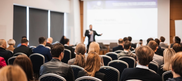 Foto oratore che tiene un discorso in una sala conferenze in un evento aziendale vista posteriore di persone irriconoscibili in