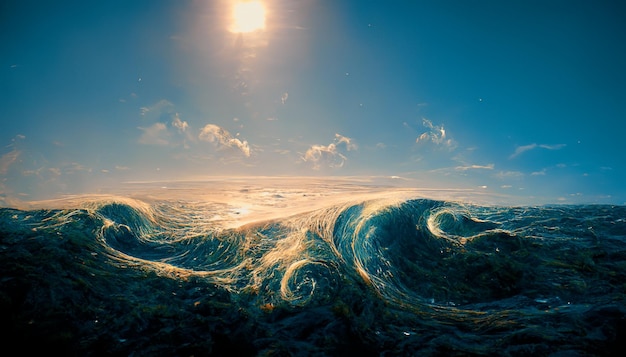 Spectacular abstract scene of an ocean tidal wave Digital art 3D illustration