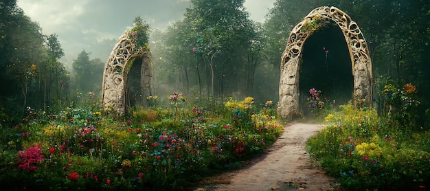 Spectacular archway in fantasy forest Digital art 3D illustration