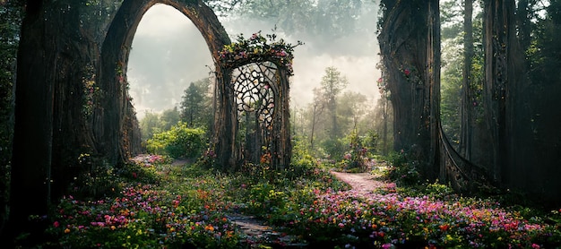 Spectacular archway in fantasy forest Digital art 3D illustration