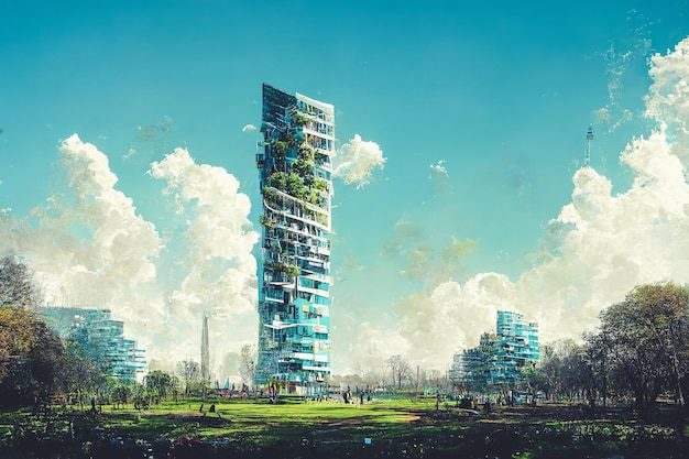 Spectacular digital art 3D illustration eco futuristic city abundant in trees