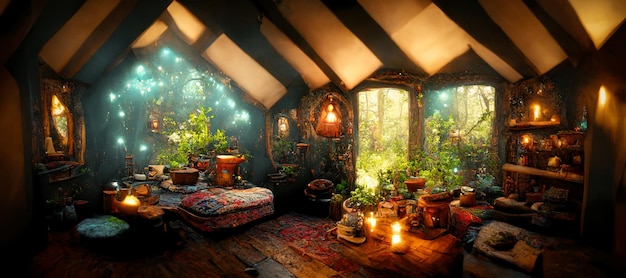 Spectacular interior of a fantasy medieval cottage Digital art 3D illustration