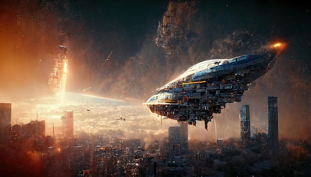 Spectacular scene of futuristic city with spaceship Digital art 3D illustration