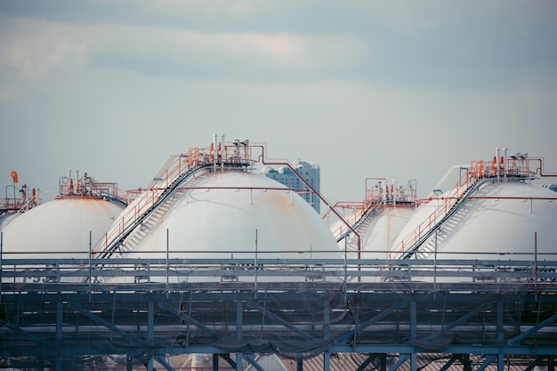 Photo spherical tanks white containing fuel gas propane